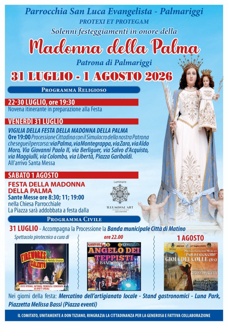 FESTEGGIAMENTI IN ONORE DELLA MADONNA DELLA PALMA  PATRONA DI PALMARIGGI - 31 LUGLIO 1 AGOSTO 2026